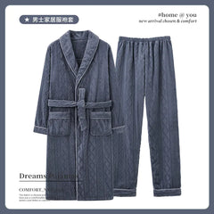 Men's Coral Fleece Bathrobe and Pajama Set (2 Pieces)