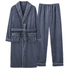 Men's Coral Fleece Bathrobe and Pajama Set (2 Pieces)