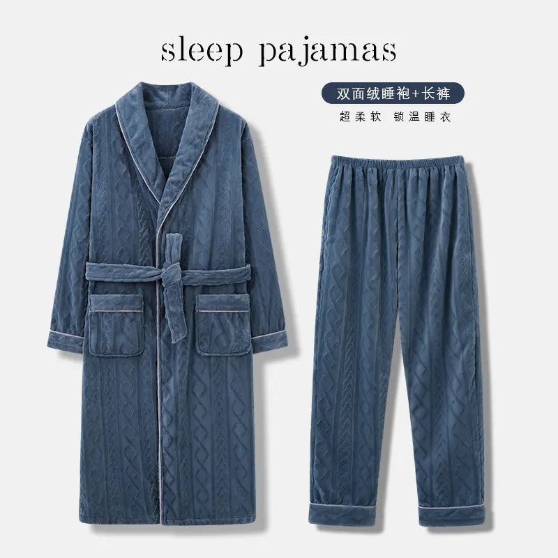 Men's Coral Fleece Bathrobe and Pajama Set (2 Pieces)